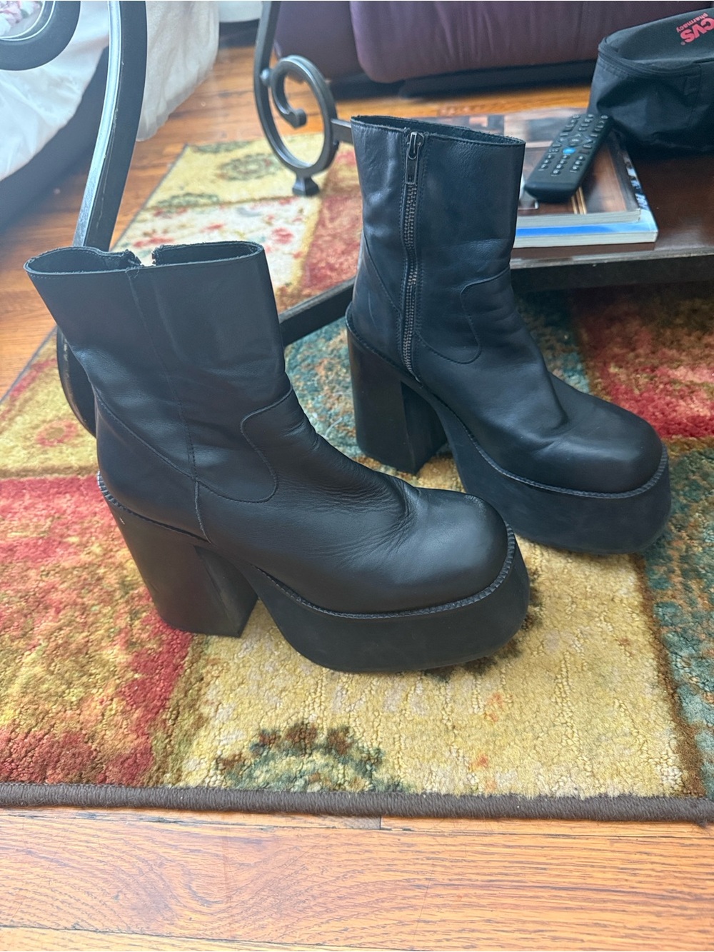 Black Platform Block Heel Ankle Boots with Side Zip